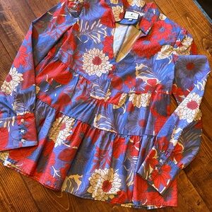 Tuckernuck Floral V-Neck Blouse - Red and Blue